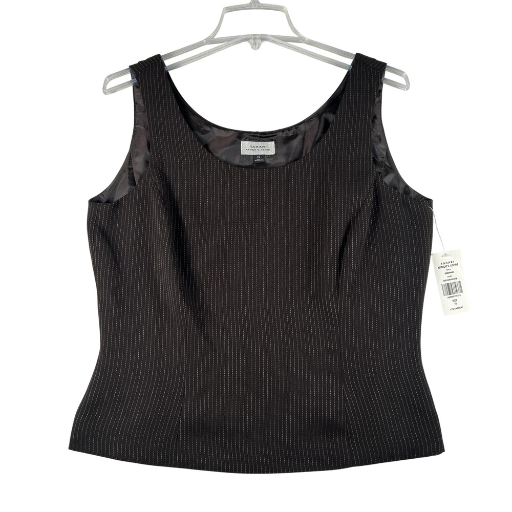 Tahari Arthur S. Levine Tank Top Womens 10 Brown Pinstripe Scoop Neck Lined